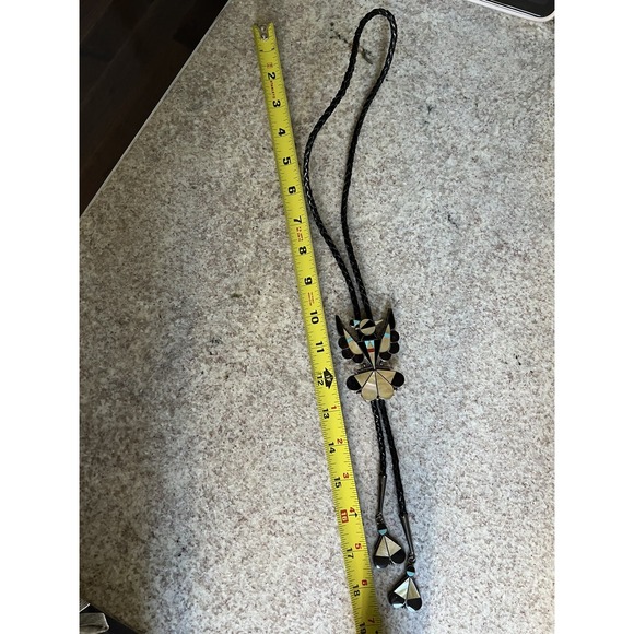 Zuni Sterling Silver Thunderbird Inlay Bolo Tie & Tips A. Dishta Large 42g 38" - Picture 7 of 8